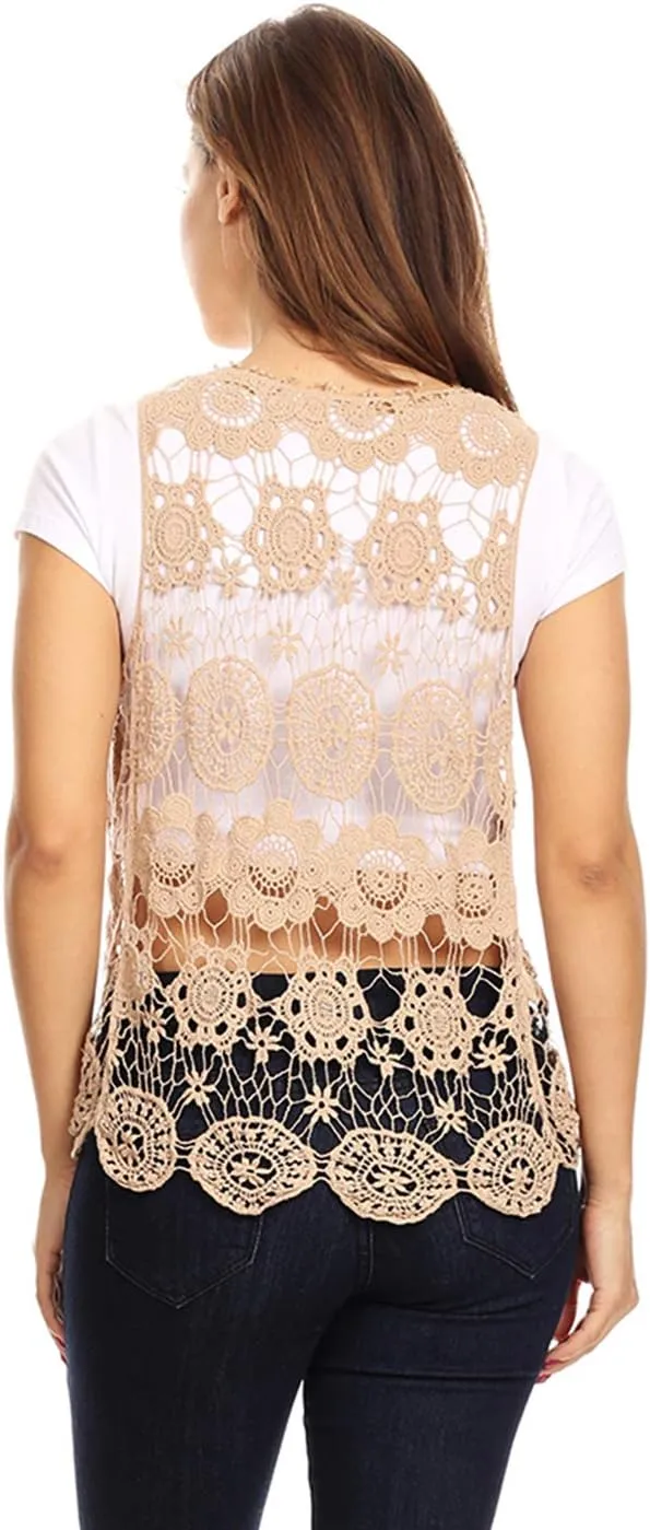 Anna-Kaci Lace Front Open Sleeveless Top Cardigan Crochet Vest Cover up Summer Beachwear