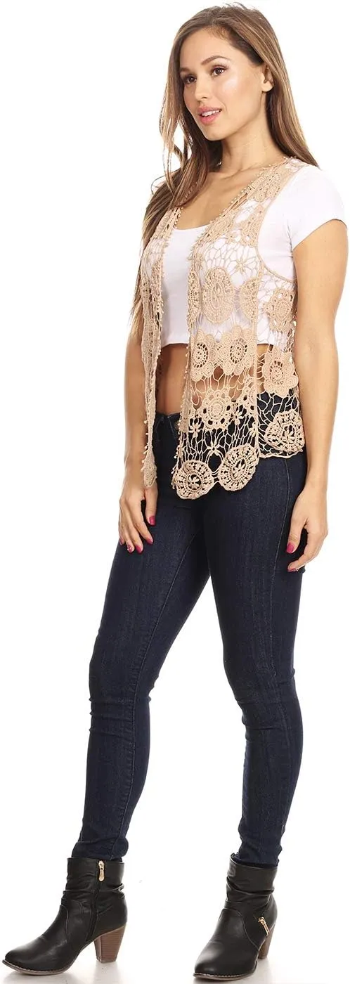 Anna-Kaci Lace Front Open Sleeveless Top Cardigan Crochet Vest Cover up Summer Beachwear