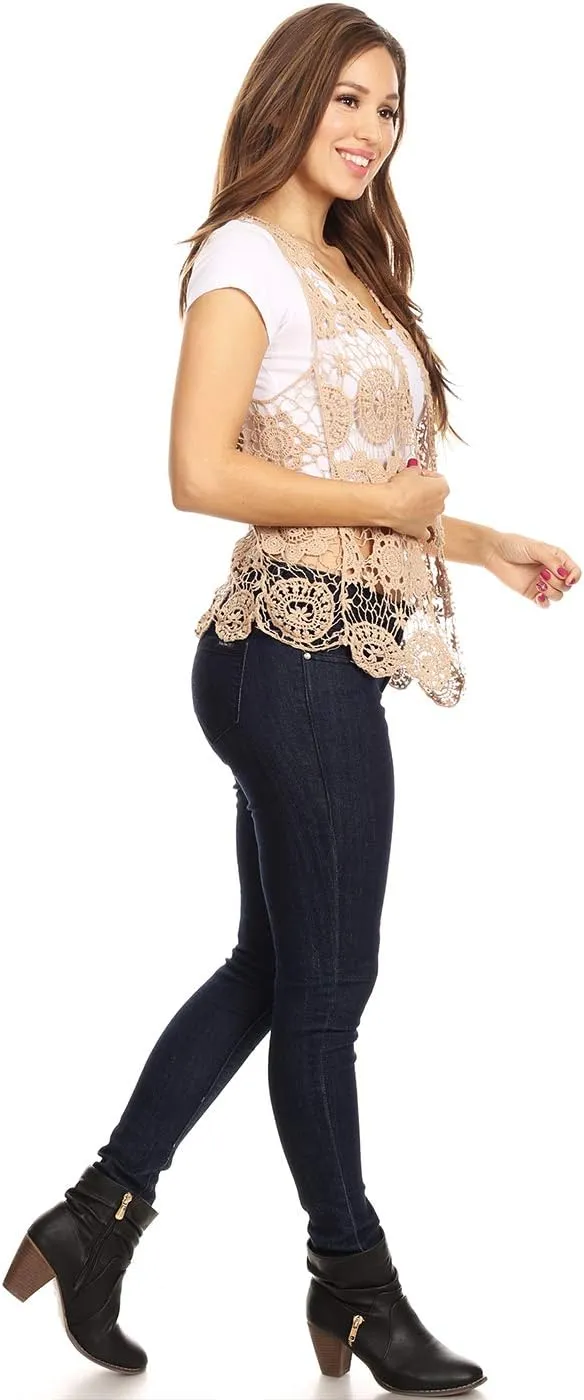 Anna-Kaci Lace Front Open Sleeveless Top Cardigan Crochet Vest Cover up Summer Beachwear