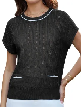 GRACE KARIN Summer Lightweight Short Sleeve Sweater for Women Hollow Crochet Crew Neck Pullover Tops 2025
