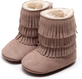 HONGTEYA Real Leather Fringe Baby Booties for Girls Boys Winter Warm Snow Boots with Tassels Hard Sole Fur Lined Toddler Moccasins Shoes