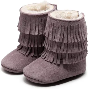 HONGTEYA Real Leather Fringe Baby Booties for Girls Boys Winter Warm Snow Boots with Tassels Hard Sole Fur Lined Toddler Moccasins Shoes