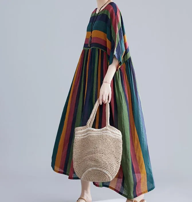 loose Striped Long cotton Batwing Women Spring Dresses