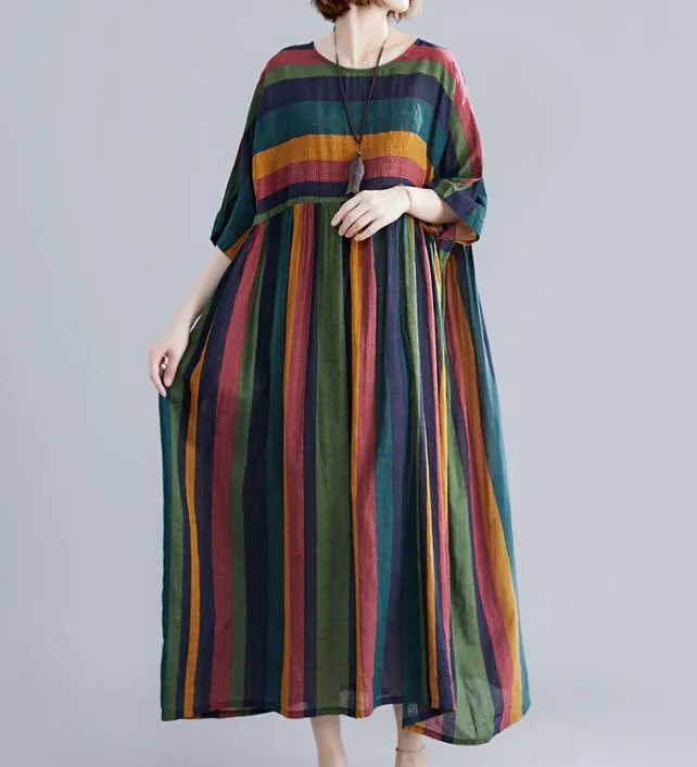 loose Striped Long cotton Batwing Women Spring Dresses