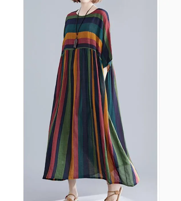 loose Striped Long cotton Batwing Women Spring Dresses