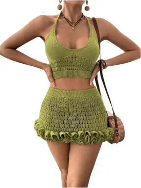 MakeMeChic Women's Crochet Cover Up Halter Crop Tops and Ruffle Skirt Swimwear Bathing Suit
