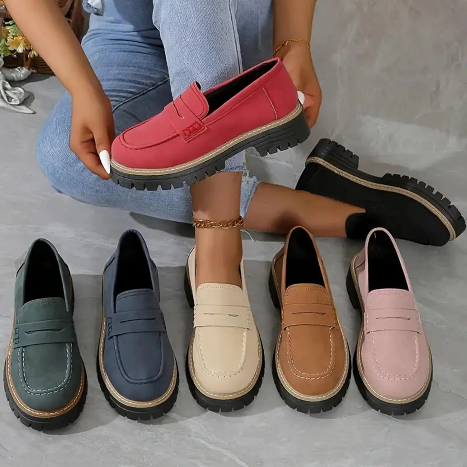 Orthoture Womens Shoes Loafers for Women 2025 Comfortable Dressy Platform Chunky Penny Loafer Lug Sole Suede Loafers Slip on Work Office Business Casual Dress Shoes Orthopedic Shoes for Women