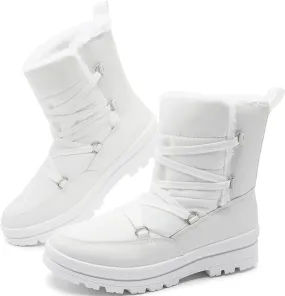 Rominz Women's Winter Snow Boots - Waterproof Black Fur Lined Warm Mid Calf Non-Slip Ankle Boots - White Lace-Up Platform