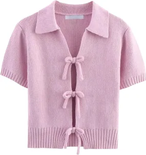 Women's Bow Tie Short Sleeves Knitted Sweater Spring Summer Sweet Short Cardigan Solid Tops Y2k Clothing