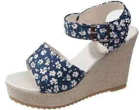 Women's Floral Printed Espadrilles Wedge Platform Open Toe Ankle Strap Summer Dressy Sandals Non Slip Ankle Buckle Strap Beach Shoes