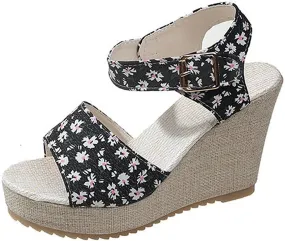 Women's Floral Printed Espadrilles Wedge Platform Open Toe Ankle Strap Summer Dressy Sandals Non Slip Ankle Buckle Strap Beach Shoes