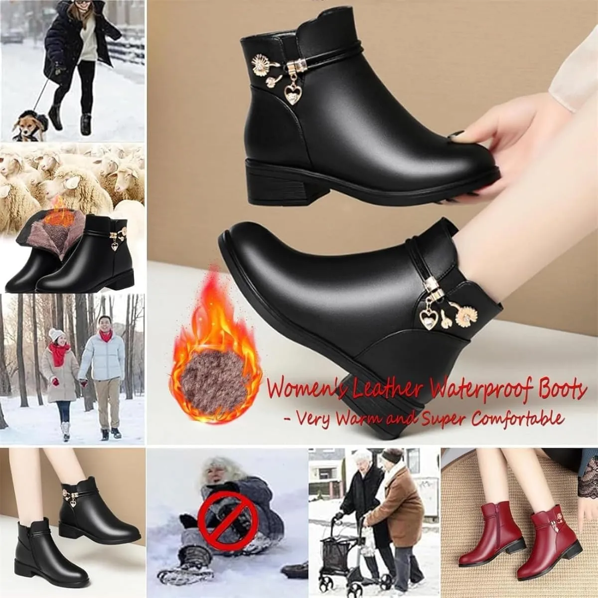 Women's Genuine Leather Wool Orthopedic Boots, Waterproof Orthopedic Warm Boots Winter Warm Fleece Wedge Snow Boots